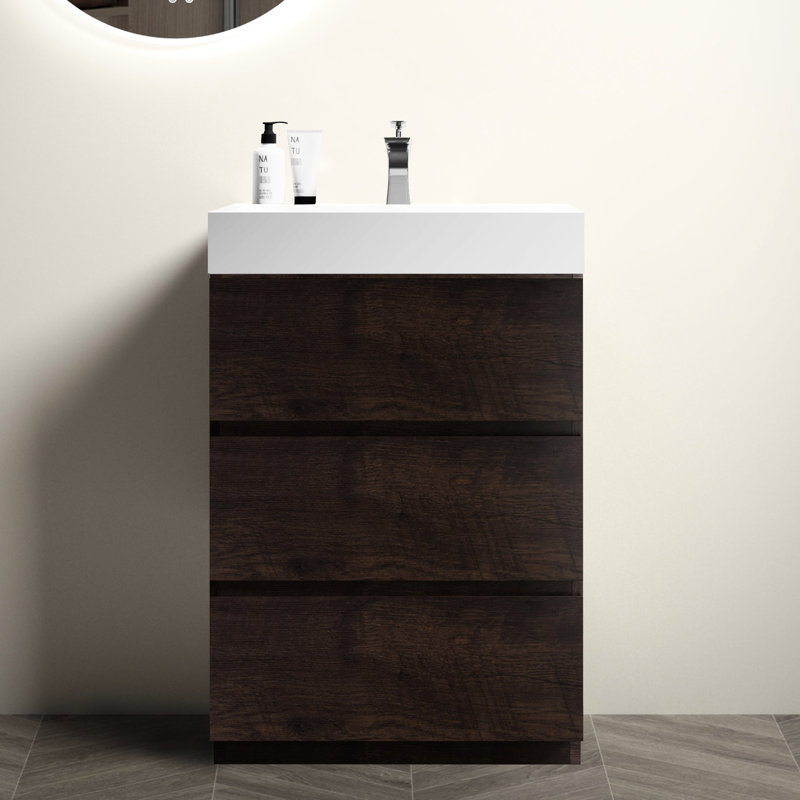Meuble-lavabo 24 po en noyer de style moderne autoportant, grand espace de rangement, lavabo blanc, glissières de tiroir silencieuses, rangement pré-assemblé à l'intérieur,