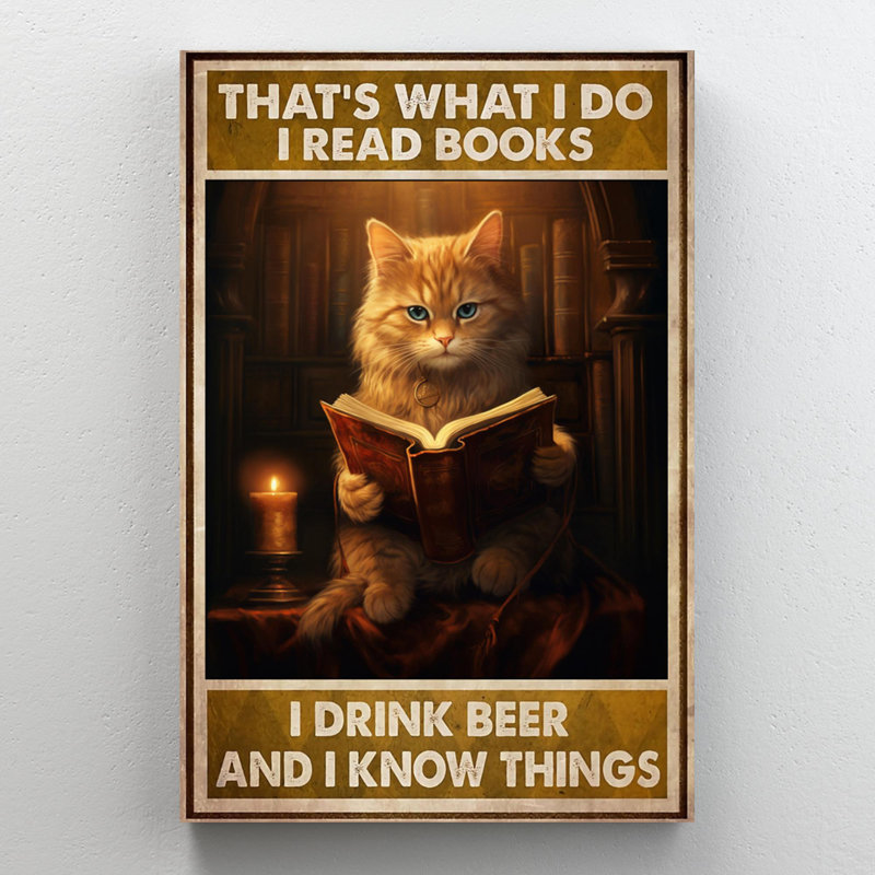 Chat, lecture de livres, I Drink Beer, impression sur toile, H 14 po x l 11 po x P 1,25 po