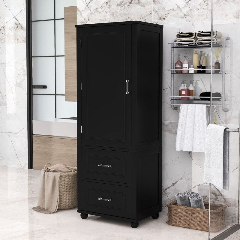 Armoire de salle de bain autoportante avec 2 tiroirs et armoire de rangement Strawn, Noir mat