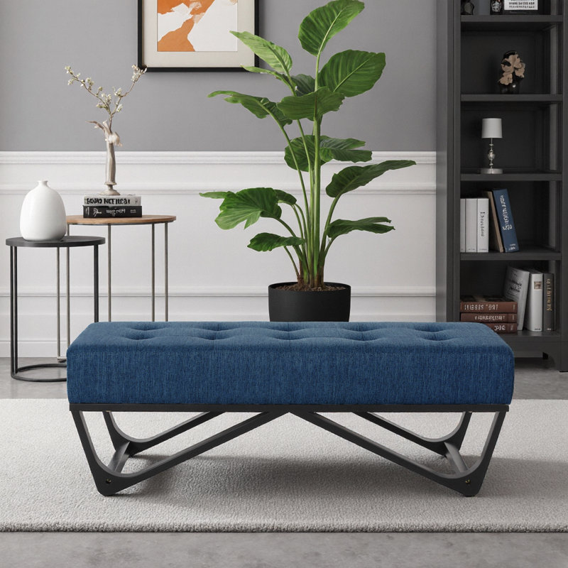 Navy Blue Upholstered Ottoman Bench - Modern Tufted Footrest with Geometric Legs, Navy Blue