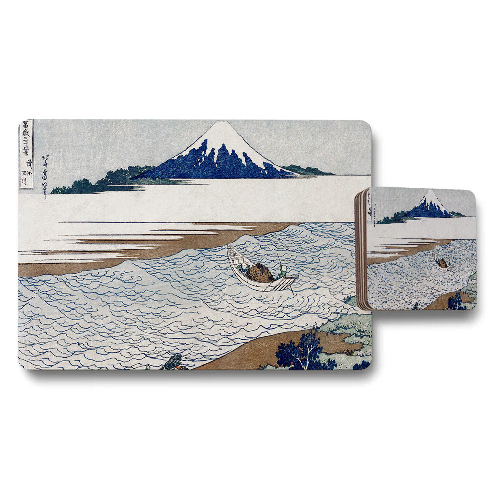 Mt Fuji Landscape Placemat and Coaster Set Featuring Traditional Japanese Art