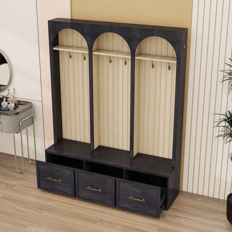 Wood Hall Tree with Entryway Bench, Coat Rack, 8 Hooks and 3 Drawers, Black