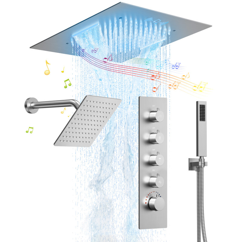 Music Thermostatic Shower Faucet,Dual 20" Showerheads System with LED Mood Lighting, Brushed Nickel