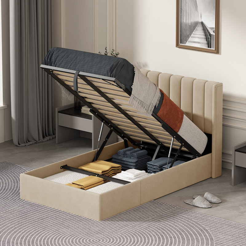 Lit plateforme avec rangement Daizia, Simple, Or pâle