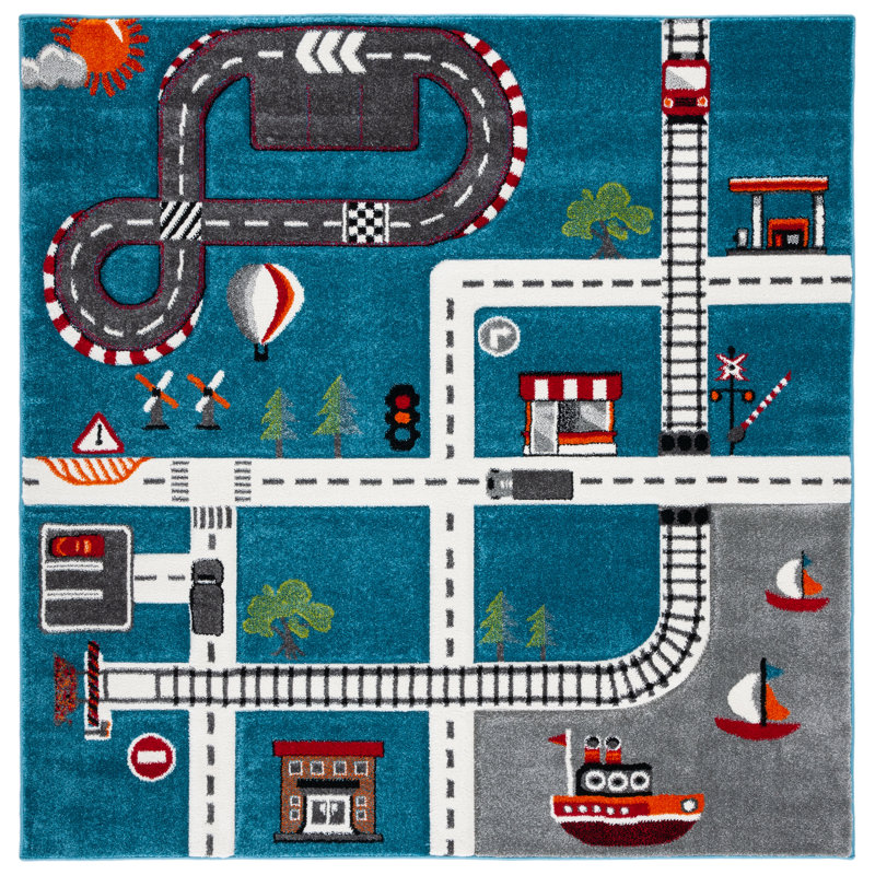 Tapis turquoise / ivoire pour enfants Hildreth, Carré 3 pi