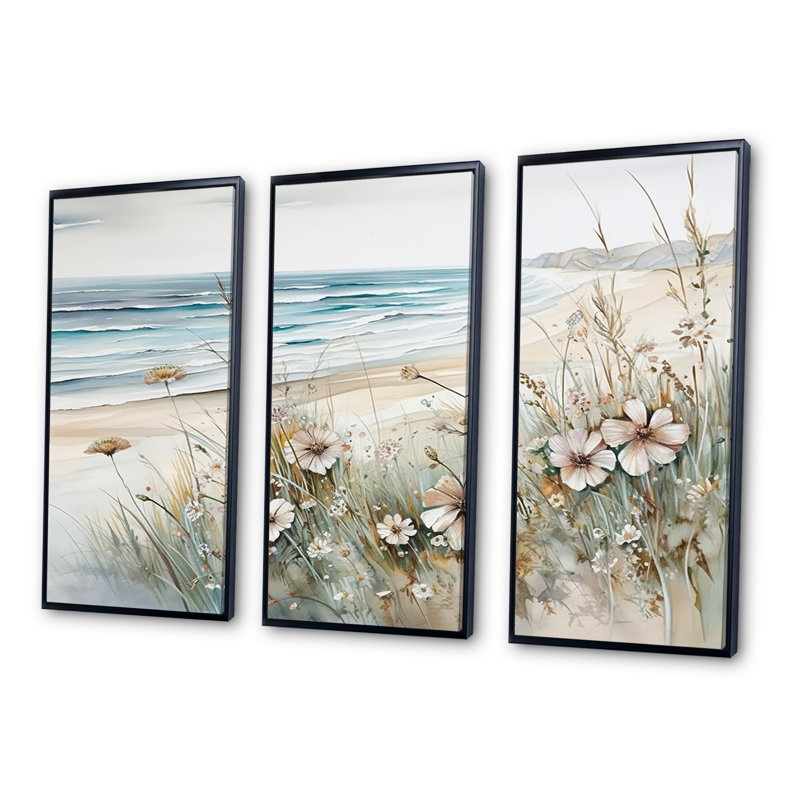 Fleurs sauvages sur la plage I - ensemble d'art mural fleurs sauvages, Cadre flottant noir, H 32 po x l 48 po x P 1 po