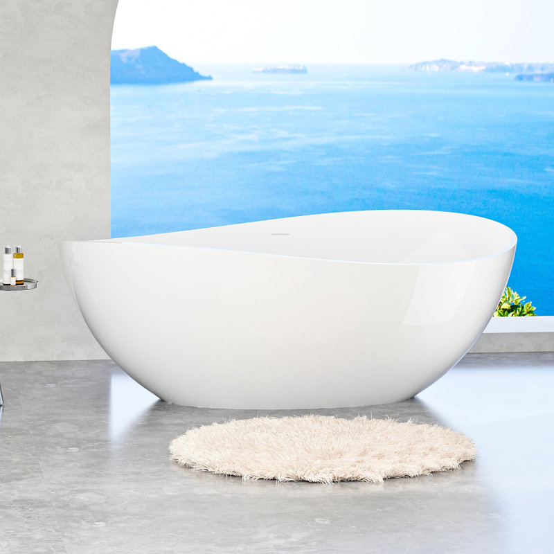 Baignoire de luxe autoportante blanche brillante en résine de 63 po avec design ergonomique et baignoire facile d'entretien, blanc, surface non poreuse à réparer