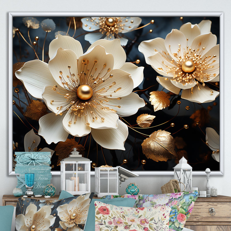Golden Lotus Tranquility sur toile, Cadre flottant blanc, H 12 po x l 20 po