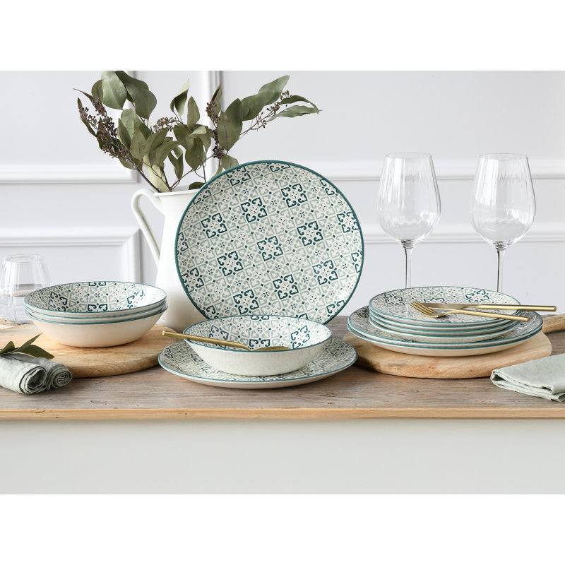 Yara 12 Piece Dinnerware Set - Service for 4, White/Green
