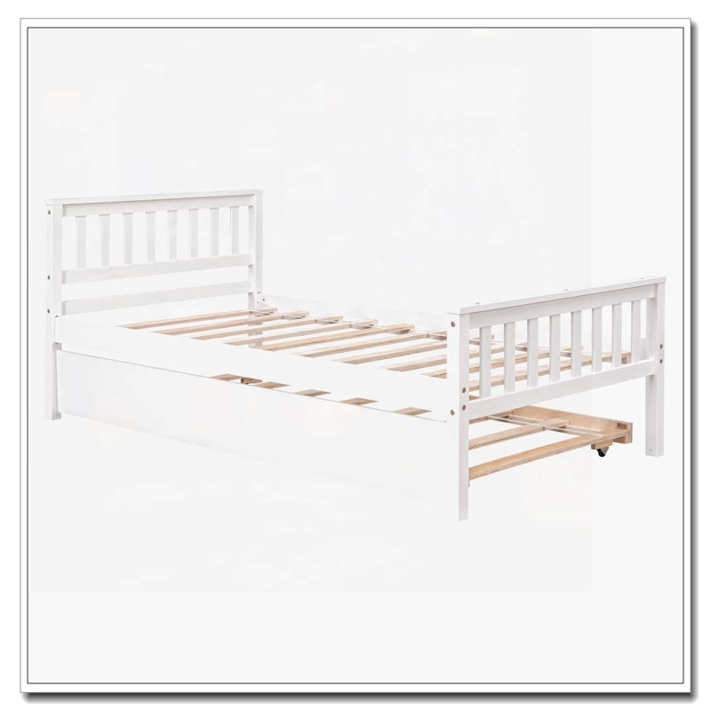 Lit simple avec lit gigogne, cadre de lit plateforme avec tête et pied de lit, pour petit espace de vie dans la chambre à coucher, aucun sommier nécessaire, blanc