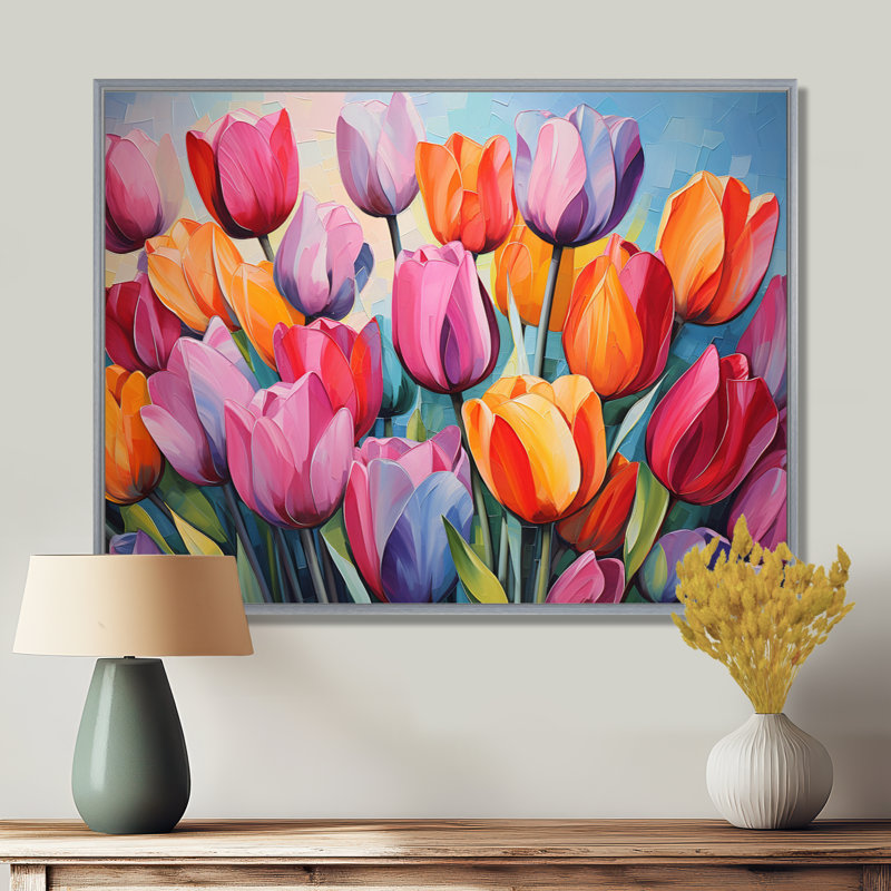 Collage de tulipes multicolores peintes II - tulipes, H 12 po x l 20 po x P 1 po, Encadrement argenté