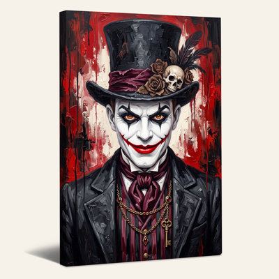 «Man in Top Hat with Skull and Roses on Red Drip», art mural sur toile