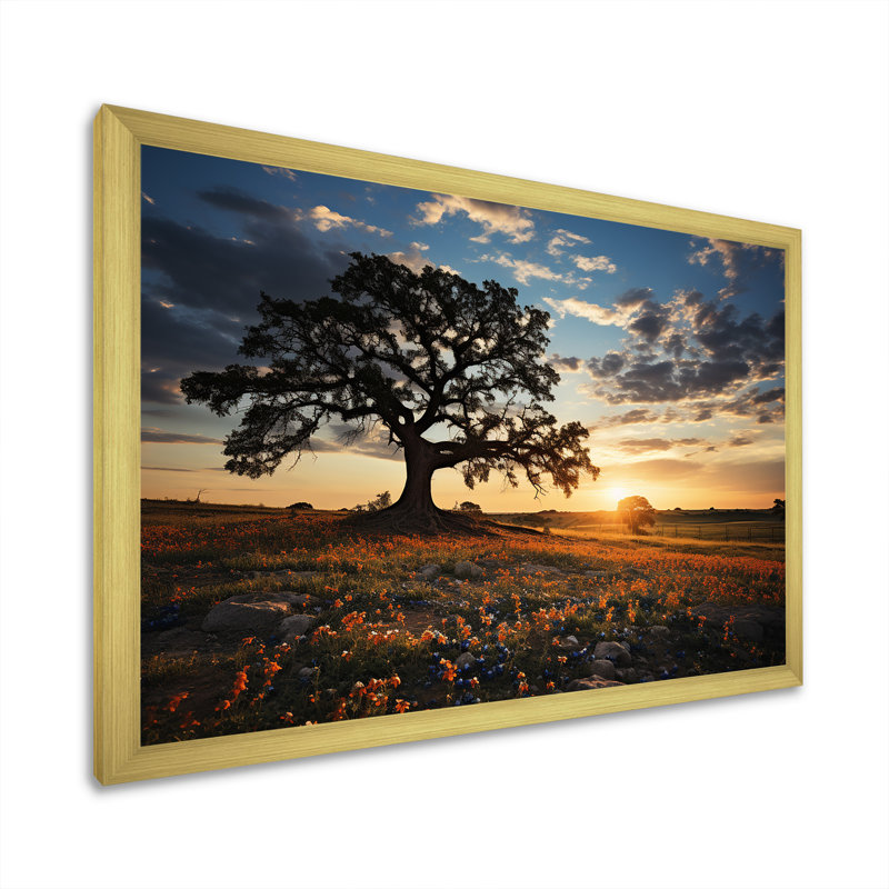 " Orange Bonnets Field With Sunset ", 16" H x 32" W x 1" D, Gold