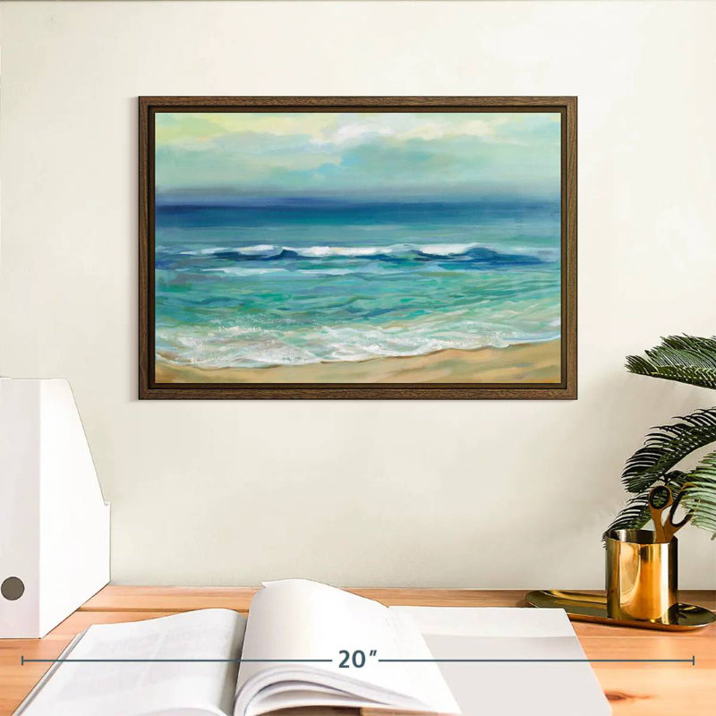 Lever de soleil au bord de la mer serein, 13 po x 9 po, Cadre flottant noyer