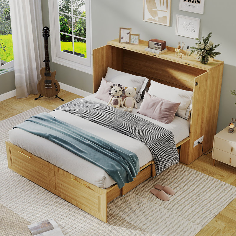 Full Size Storage Murphy Bed with Large Storage Drawer Home Office 0r Small Room, And Built-In Charger, Modern Murphy Bed