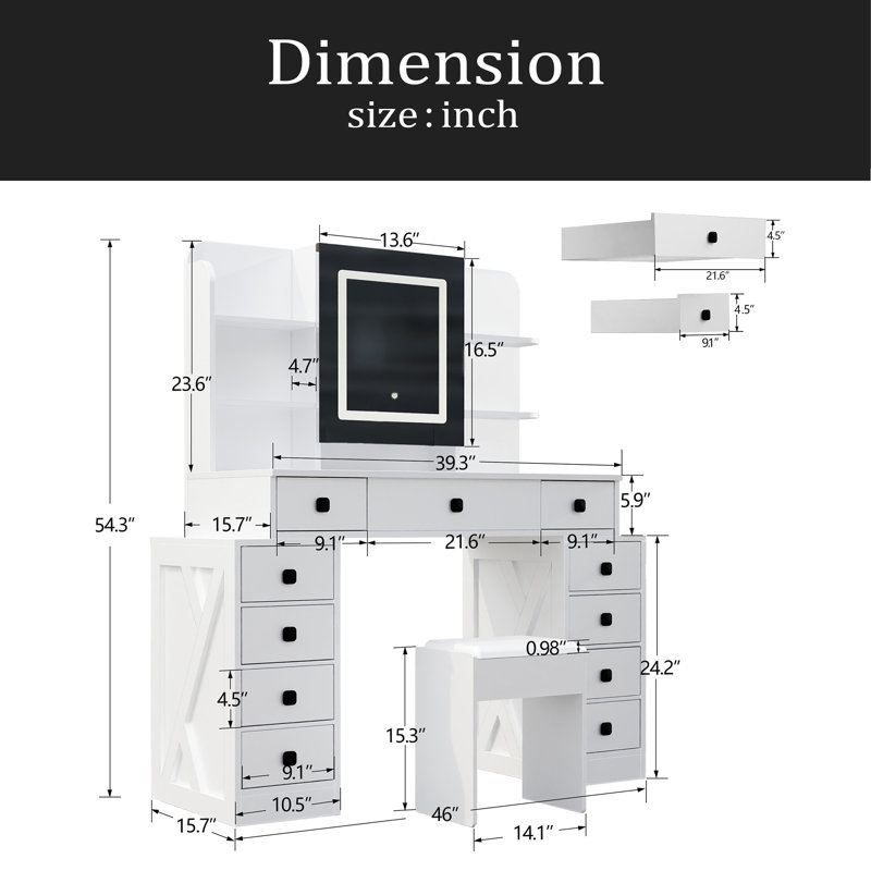 Bureau de coiffeuse de ferme avec miroir coulissant, lumières et station de charge, bureau de table de maquillage avec lumière DEL à intensité variable, table de maquillage de coiffeuse avec tabouret moelleux