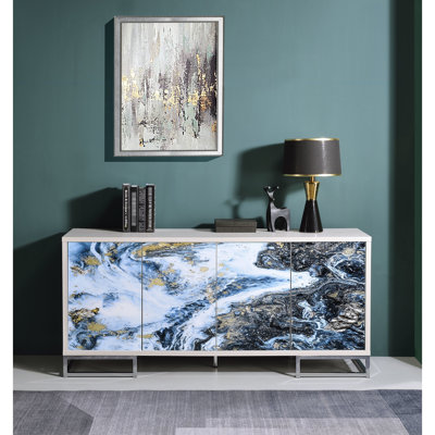 Console avec finition et base en marbre bleu - Élégante et pratique, en chêne blanchi, 4 portes et 2 étagères. Design raffiné, fini chêne, espace de rangement généreux, étagères, bois composite.