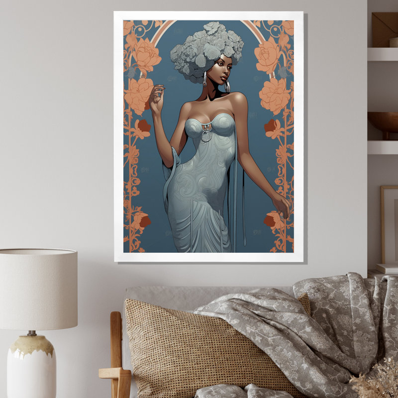 Élégante mode rétro bleue, déesse de la mode africaine sur toile, H 40 po x l 30 po x P 1,5 po, Cadre simple blanc