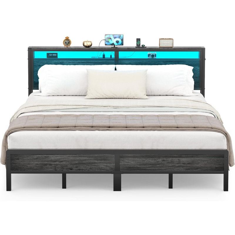 Jaquaya Bed Frame with Charging Station and Led Lights, King, Gray