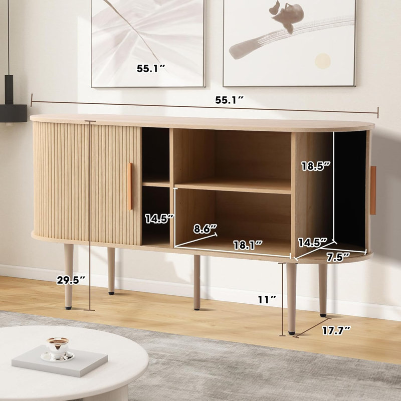 55.1" Storage Cabinet with Tambour Doors and Shelves, Fluted Sideboard Buffet Cabinet,, Natural