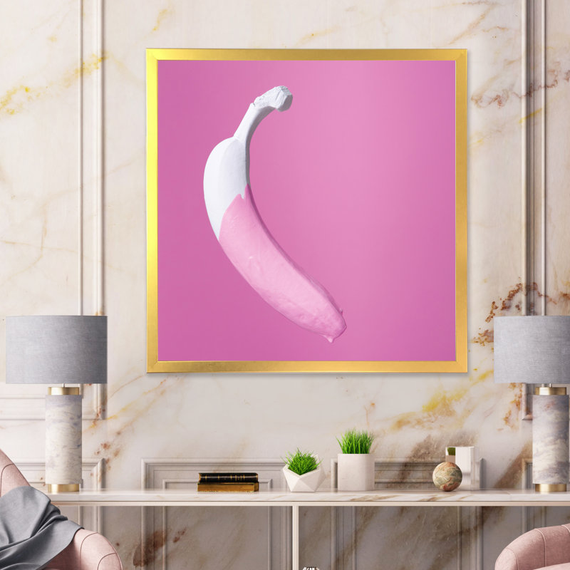 20_Pop Art White Banana On Pink - reproduction d'art sur toile traditionnelle, H 16 po x l 16 po x P 1 po, Encadrement doré