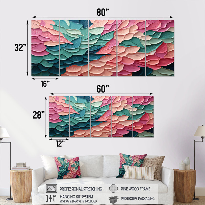 «Rose and Green Florals In Motion - Bat», art mural 5 pièces, H 32 po x l 80 po