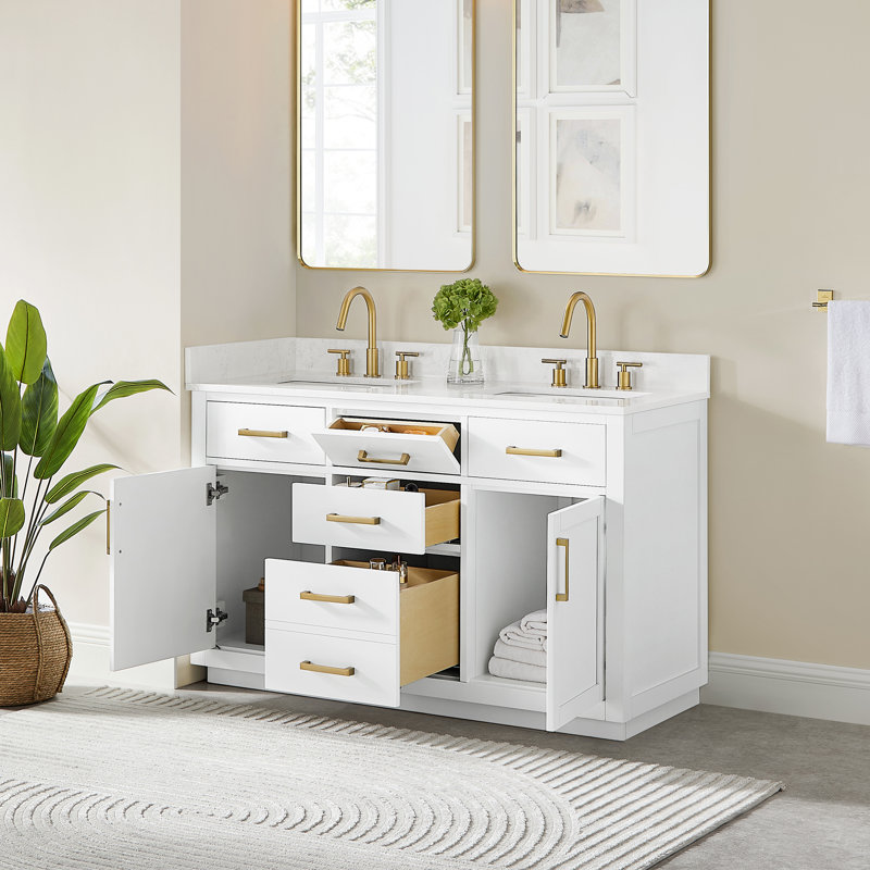 Meuble-lavabo double avec base en bois Gavino, Blanc