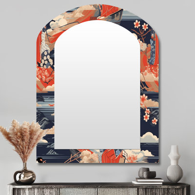 Ukiyo femme japonaise en rétro vagues I - miroir unique de forme unique femme, grand miroir mural rouge, impression d'art en métal