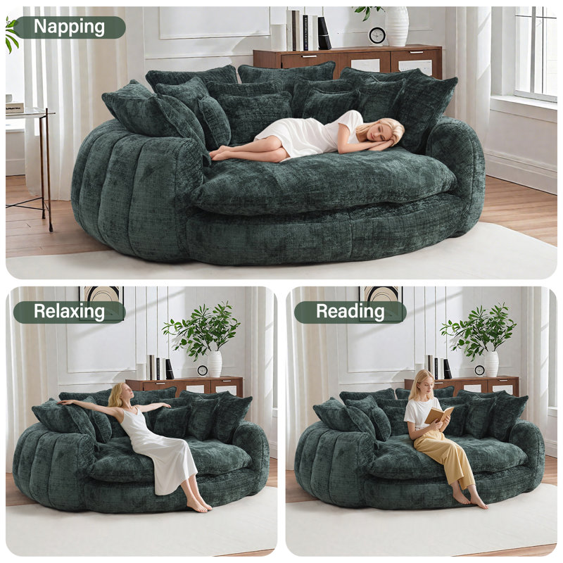 81" Oversized Round Chaise Lounge Sofa Bed with Chenille Upholstery and 14 Pillows, Green
