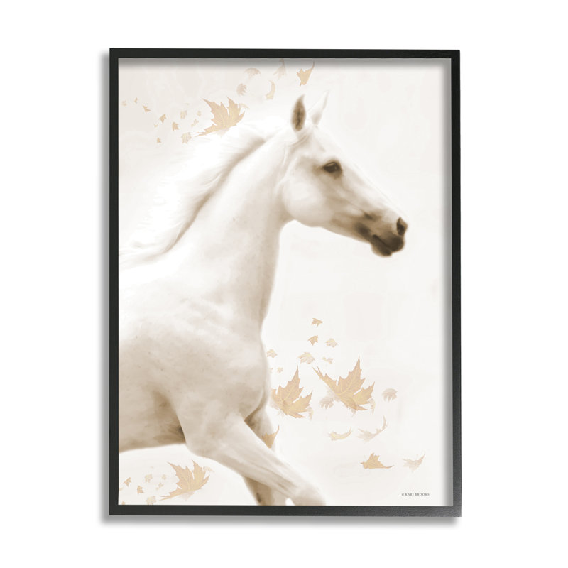 Cheval et feuilles modernes par Kari Brooks, H 31 po x l 25 po x P 1,7 po, Cadre flottant noir de jais
