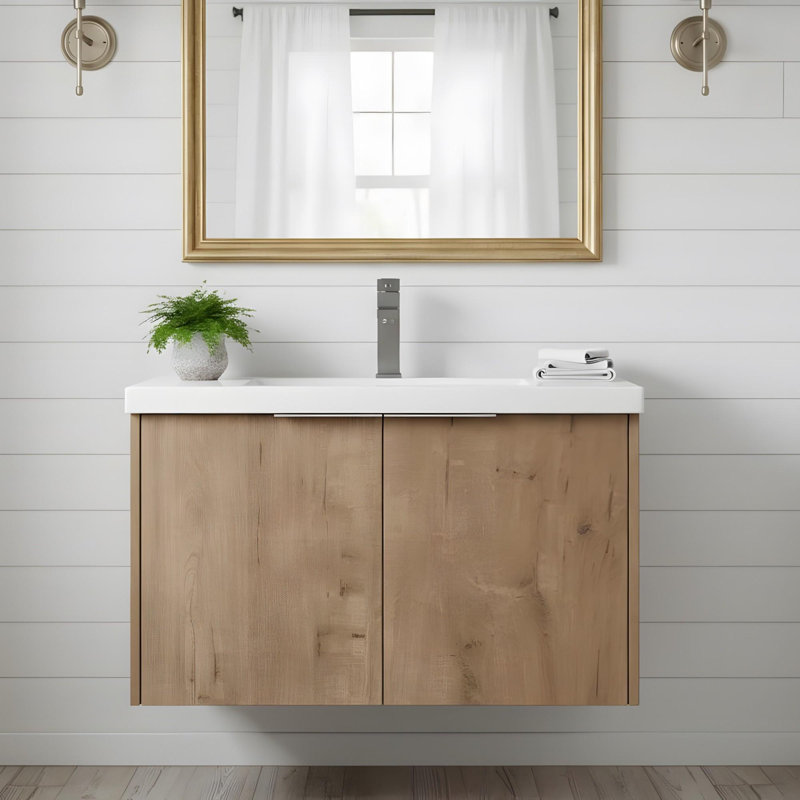 Meuble-lavabo à fermeture en douceur avec lavabo, Imitation chêne, 29"