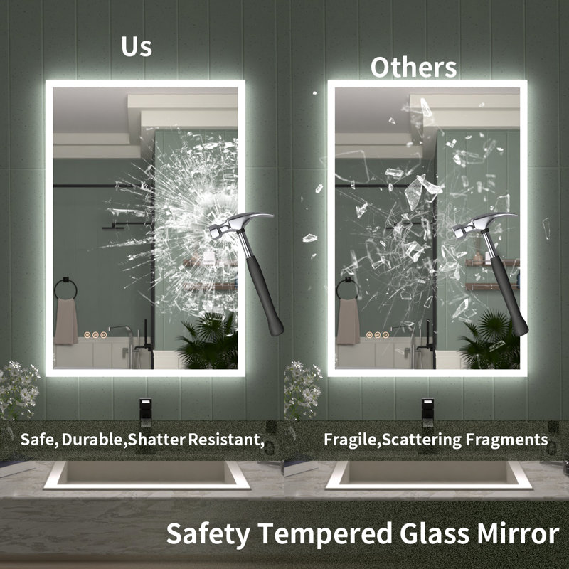 Miroir de meuble-lavabo à DEL sans cadre 36 H x 24 W avec désembueur, température de couleur réglable, commande tactile et montage horizontal / vertical