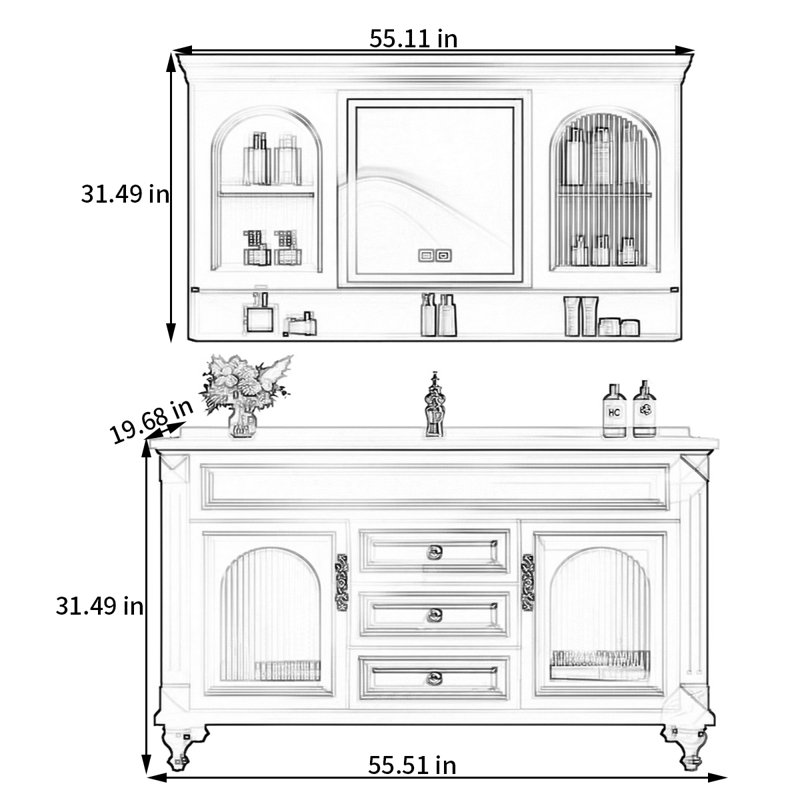 American retro style rest room bathroom cabinet, 31.49" H x 55.51" W x 19.68" D