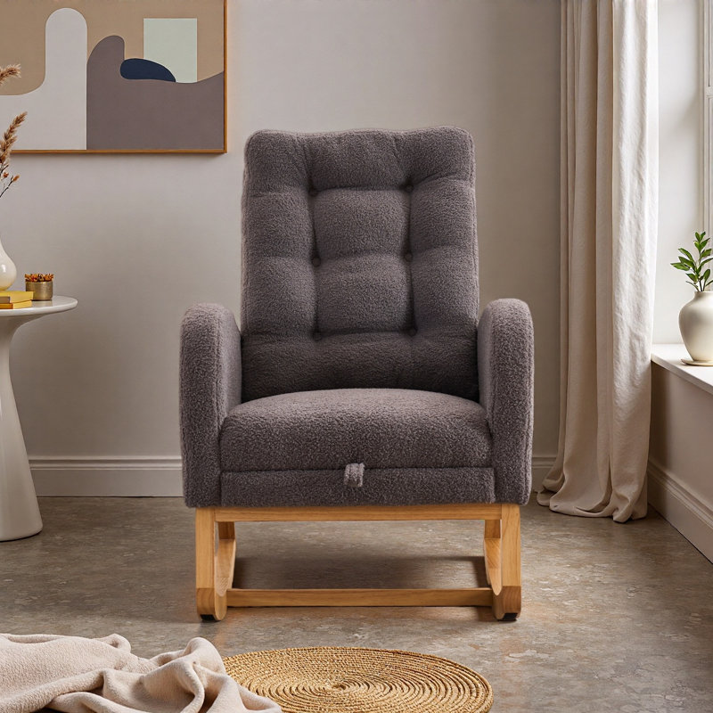 Chaise berçante décorative avec repose-pieds à haut dossier en bois d'hévéa, Gris foncé