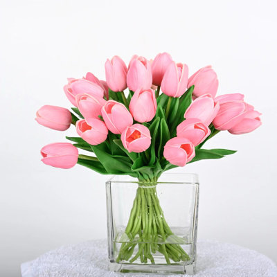 Artificial Tulip Floral Arrangement In Vase, Long Stem Faux Flower With Faux Water For Dining Table Centerpieces, Home Wedding Party Decor Indoor
