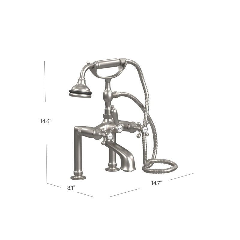 Garniture de robinet de baignoire à pattes à deux poignées avec douche à main à fixation sur le comptoir, Nickel brossé