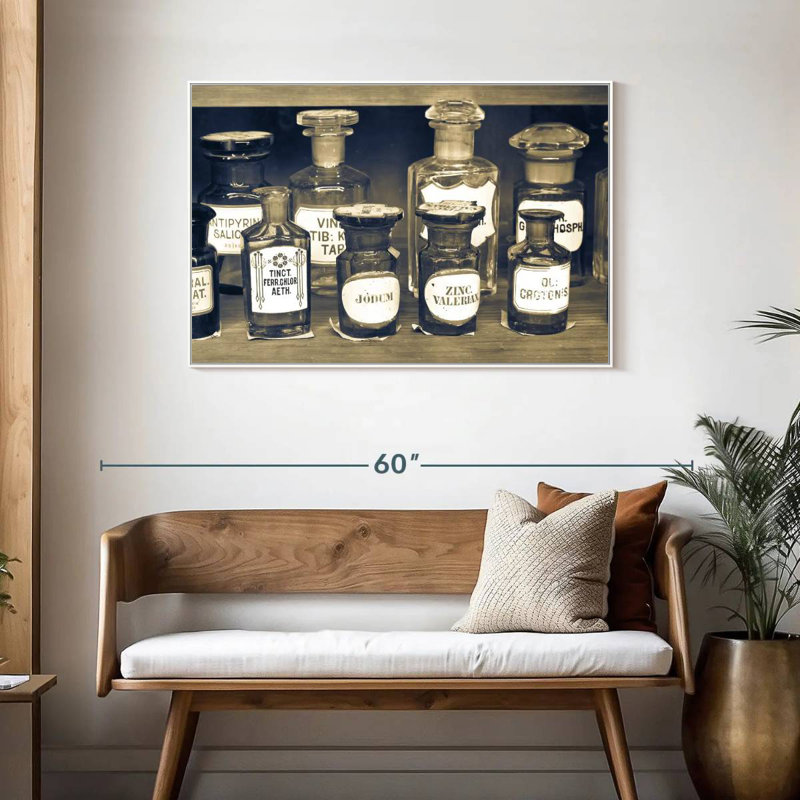 Bouteilles de pharmacie rétro, Cadre flottant blanc, 43 po x 29 po