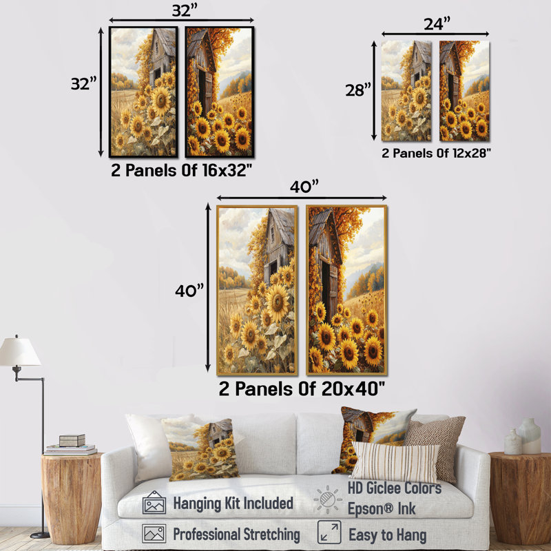 Tournesols et la collection Hayloft Barm I - Art mural floral, 2 panneaux, Toile tendue, H 28 po x l 25 po