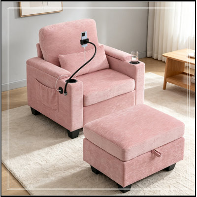 Single Krier with adjustable backrest, USB charging port, hidden armrest storage and ottoman