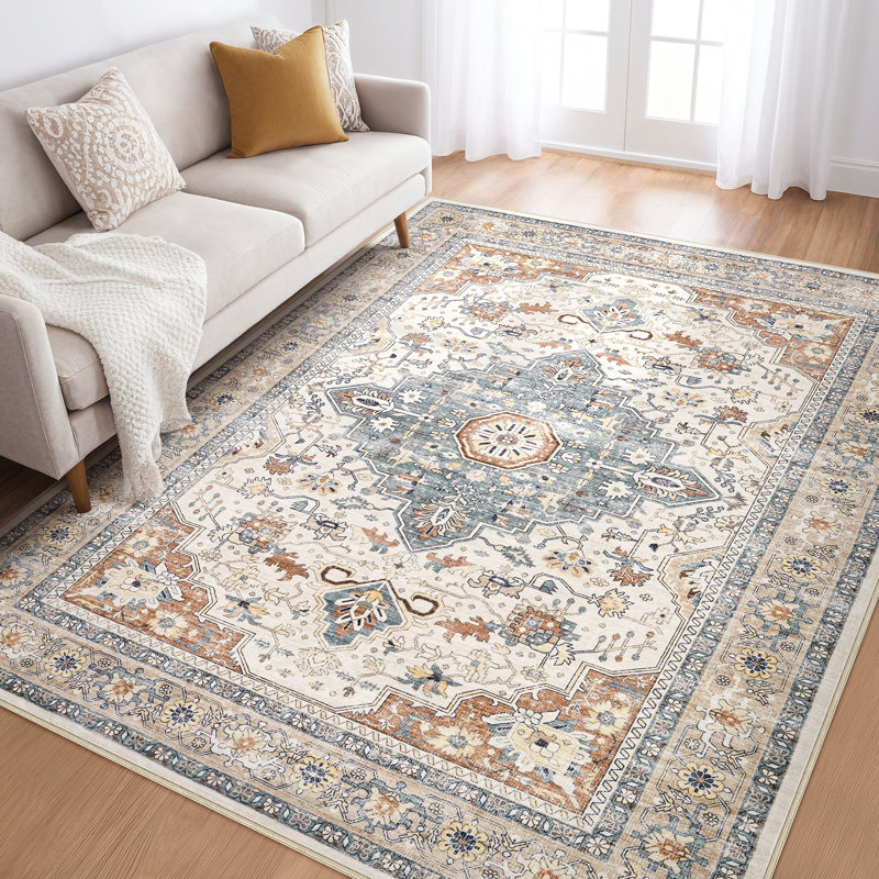 Aasen Vintage Oriental Area Rug Machine Washable Rugs with Non Slip Backing Ultra-Thin Lightweight Floor Mat Farmhouse Carpet for Living Room Bedroom