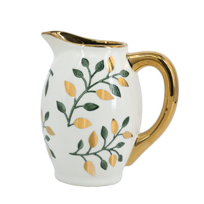 Flower Pitcher - 8" x 5.5" x 8.5" - Green/Gold/White