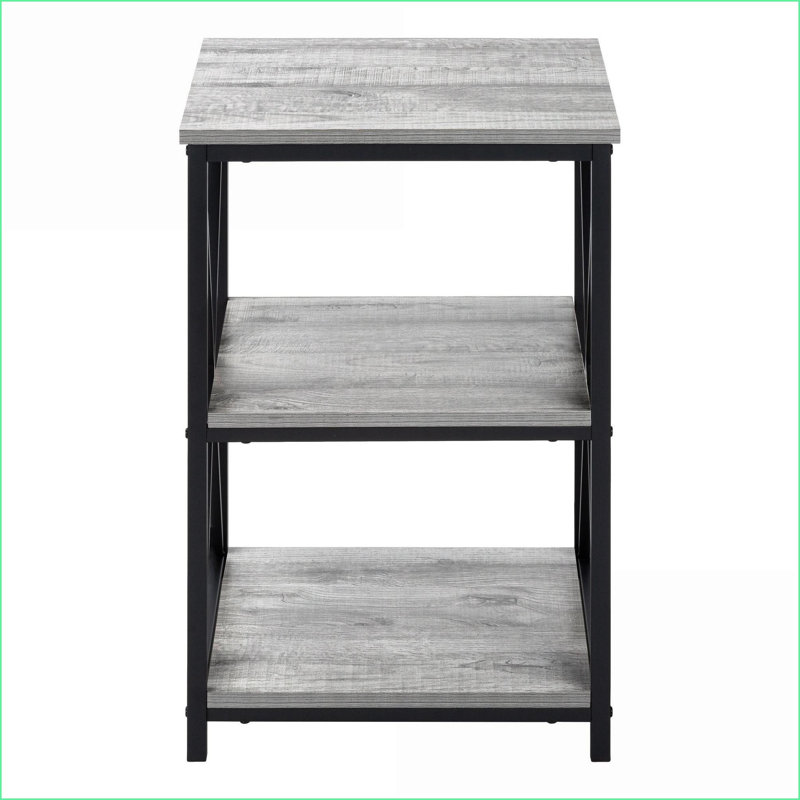 Table basse à 3 niveaux peu encombrante, plateau en stratifié gris et base en métal noir, table de bout de salon / chambre à coucher polyvalente
