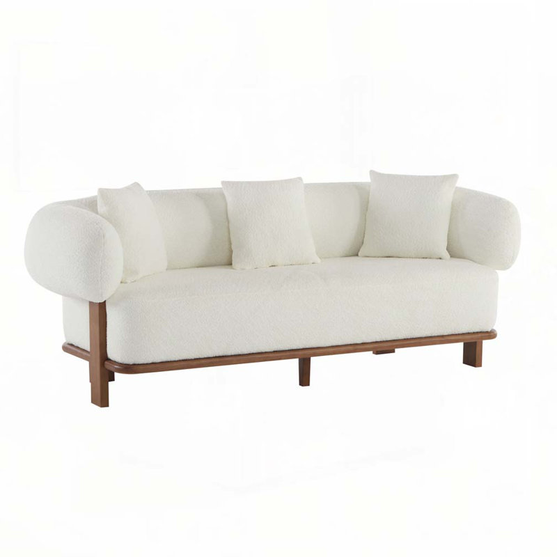 Canapé à accoudoirs arrondis de 82,25 po de largeur avec pieds en bois d'hévéa, Beige