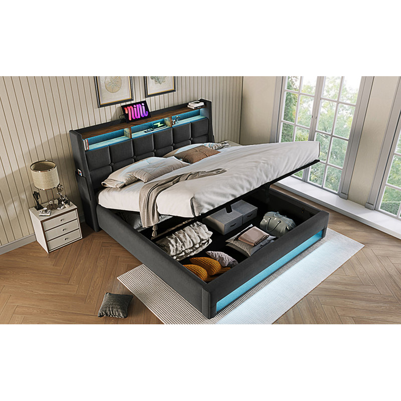 Full Size Upholstered Platform Bed With A Hydraulic Storage System, Led And Usb Charging, Grey, Full