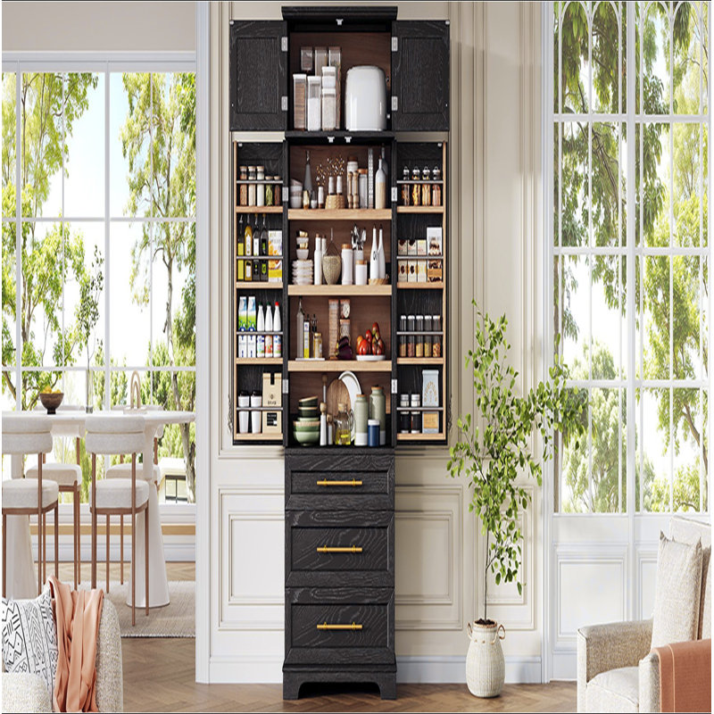 Grand garde-manger de style campagnard de 78,2 po avec 8 tablettes de porte, 1 armoire de rangement avec 3 tablettes réglables, 3 grands tiroirs, une armoire polyvalente pour la cuisine, la salle à manger et la salle de bain, noir cendré