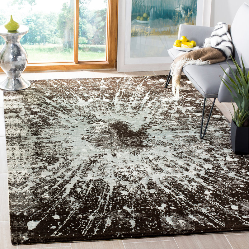 Tapis abstrait tibétain en laine / coton / viscose noué à la main en noir, Rectangle 8 pi x 10 pi