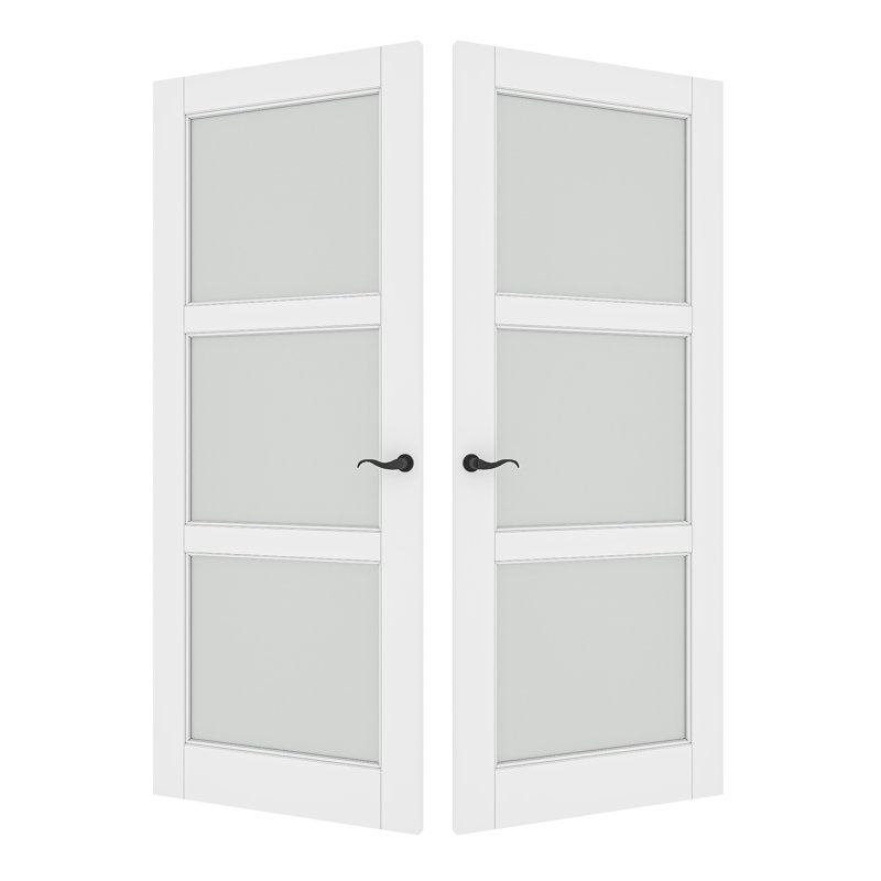 Porte intérieure double en verre massif givré 3-Lite, 64 po x 80 po, Quincaillerie noire