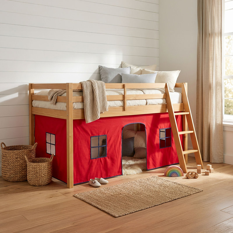 Lit mezzanine simple en bois Roxy - Structure cannelle avec tente inférieure rouge et bleue, Cannelle, Rouge/bleu