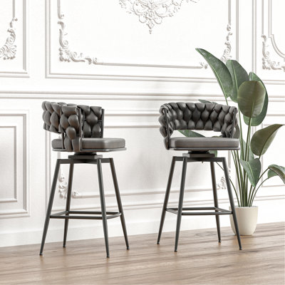 Ensemble de 2 tabourets de bar 28 po en cuir tressé en cuir technique avec pieds noirs, pas d'îlot de cuisine réglable, 360 tabourets de bar pivotants avec repose-pieds