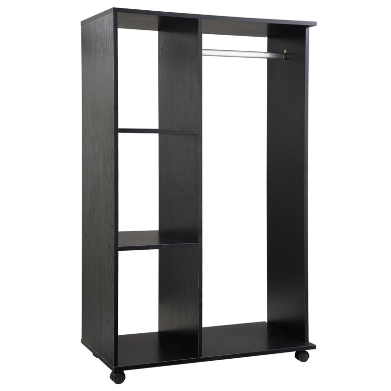 White Wheeled Freestanding Open Garment Organiser with Hanging Rod and Side Storage Compartments for Bedroom and Hallway Domestic Use
